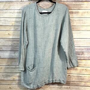 Flax Womens Gray Gauze Linen Long Sleeve Lagenlook Tunic Blouse Boho Relaxed